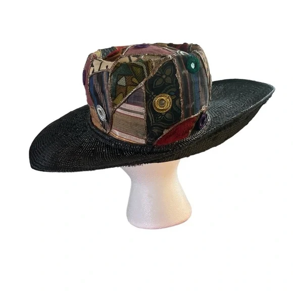 Bohemian (Whittall & Shon) Black Straw Hat with unique Print. - Picture 3 of 9